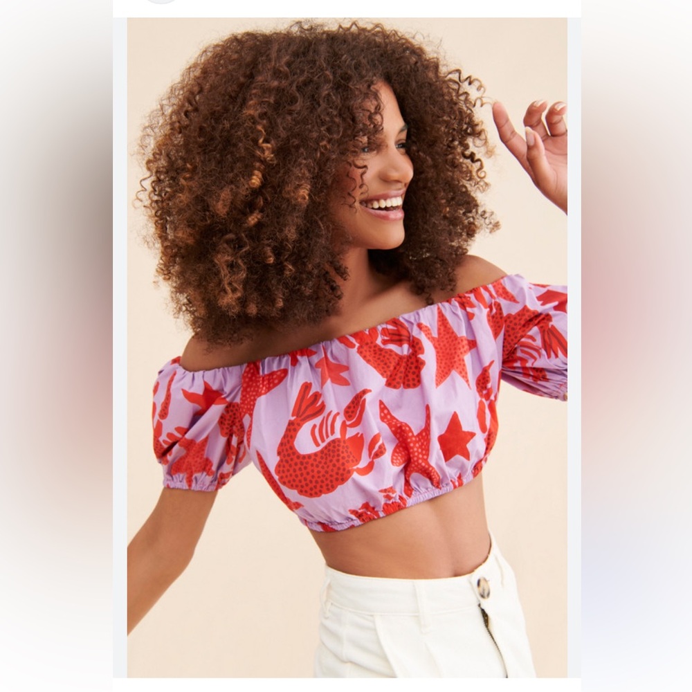 Farm Rio Vacation Ready Lobster Sky Crop Top Red XS by Anthropologie Resort Wear